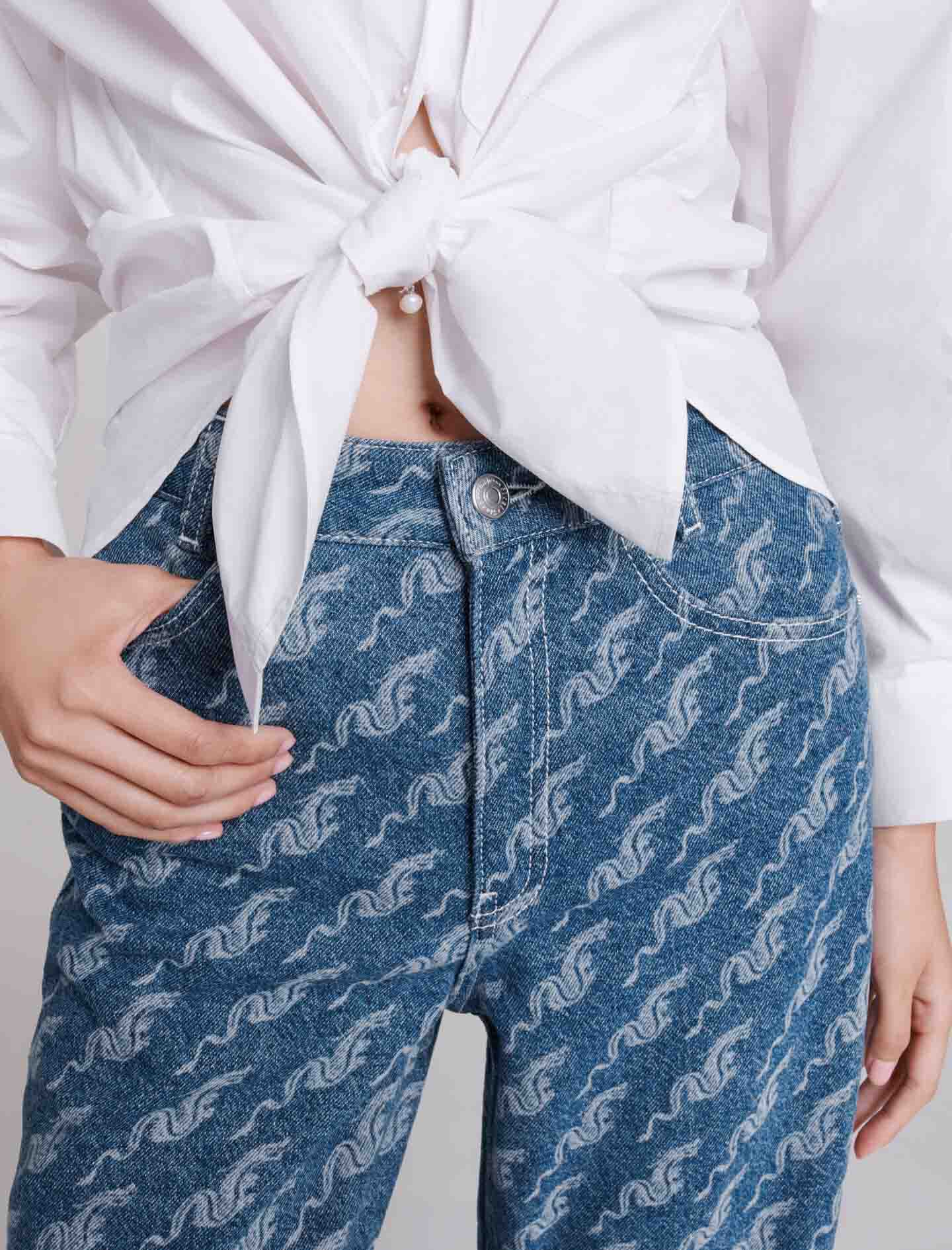 Jeans met wijde pijpen en print - Blauw