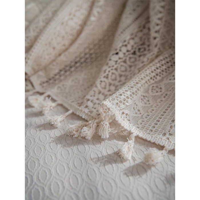 Rideaux bohèmes pour salon, panneaux de rideaux en dentelle vintage à crochets et pompons, 150 x 220 cm, beige