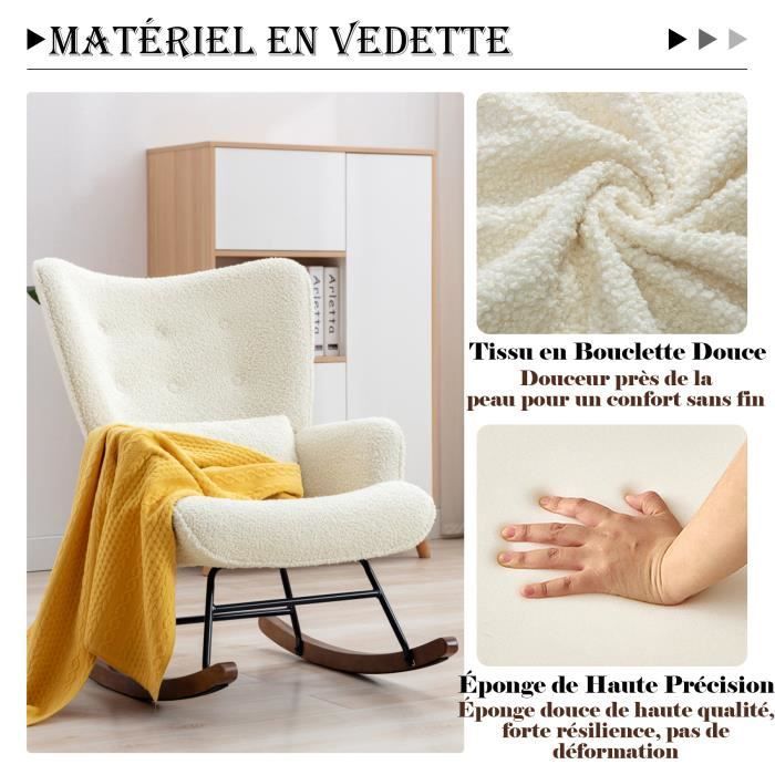 Mecedora, silla de lactancia para bebé, tela bouclé, estilo escandinavo, estructura de madera de hevea, beige.