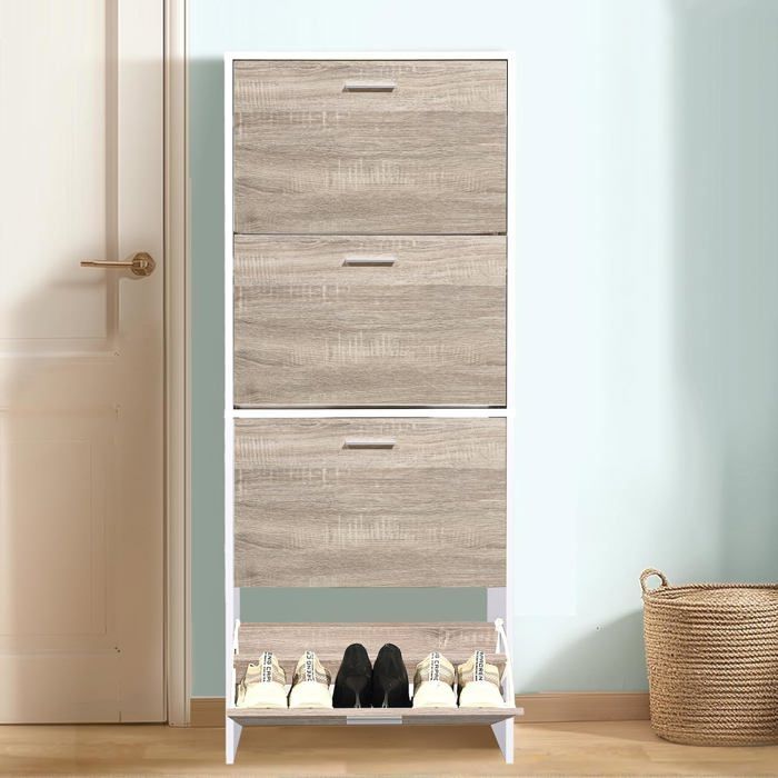 Armario para zapatos CASABEL para 24 pares - Gran capacidad para recibidor - 60 x 24 x 150 cm - Puertas de madera clara, marco blanco