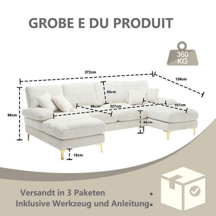 Panorama-Ecksofa in U-Form, 5/6-Sitzer, aus weißem Chenille-Samt – für Wohnzimmer, Büro, Wohnung – B 272 x T 136 x H 88 cm