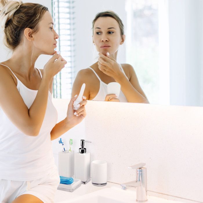 Relaxdays Bathroom Accessories 4-Piece Set: Soap Dispenser, Tumbler, Toothbrush Holder, Plastic Soap Dish, White