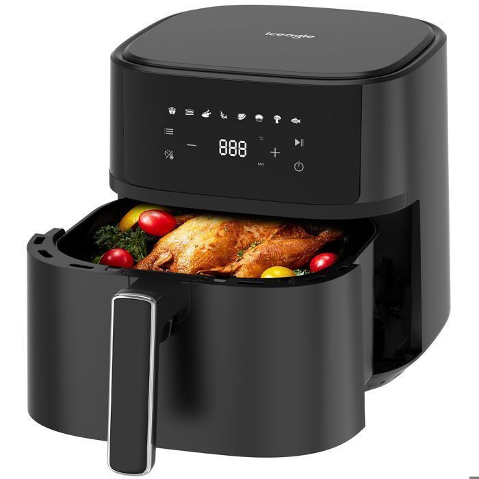 Friteuse sans Huile 1700W avec 8 Programmes-6.5L-625A, Ecran tactile, Recettes, Minuterie, Noire