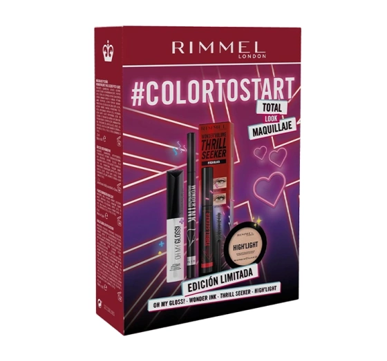Rimmel #Colortostart zestaw kosmetyków do makijażu tusz do rzęs   eyeliner   błyszczyk   puder