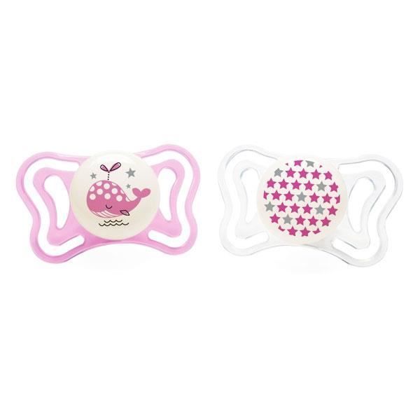 Chicco Physio Forma Light 2-6m Silicona fosforescente Pack de 2 + Caja esterilizadora Rosa Ballena Estrella