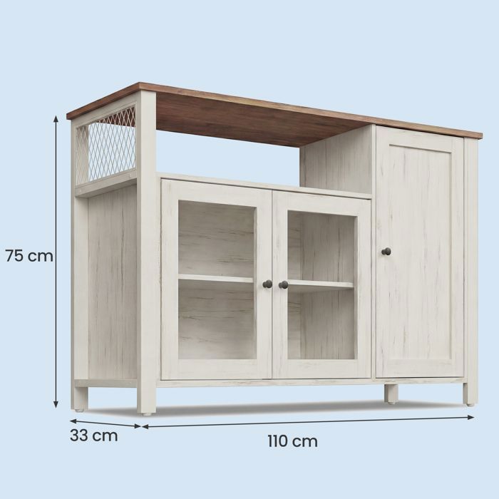 Aparador de cocina con 3 puertas, para comedor o salón, estilo rústico, 110 x 33 x 75 cm, marrón y blanco.