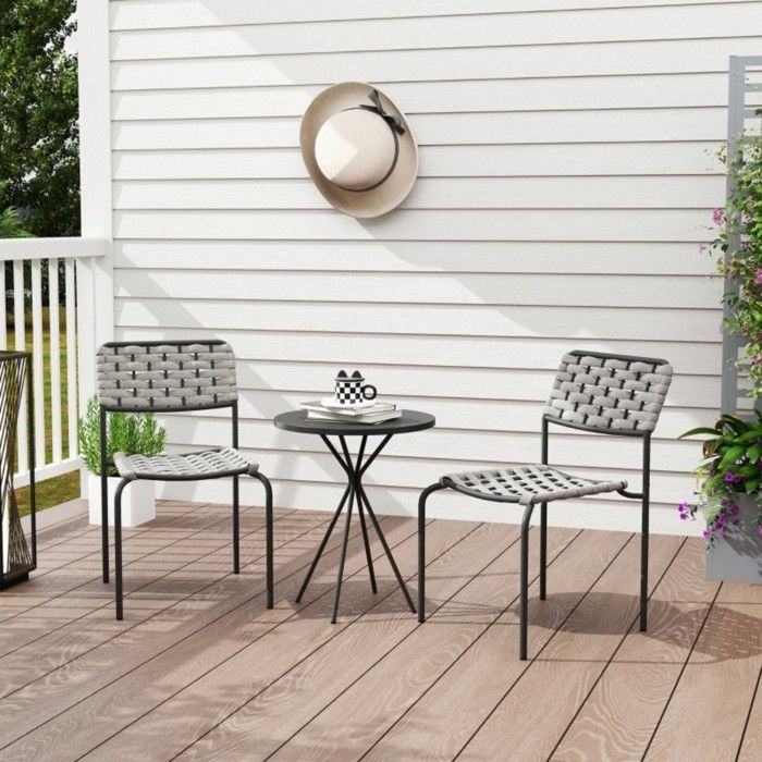 Salon de Jardin 3 Pièces en Polyrotin Gris avec Table et 2 Chaises Empilables Résistant aux Intempéries