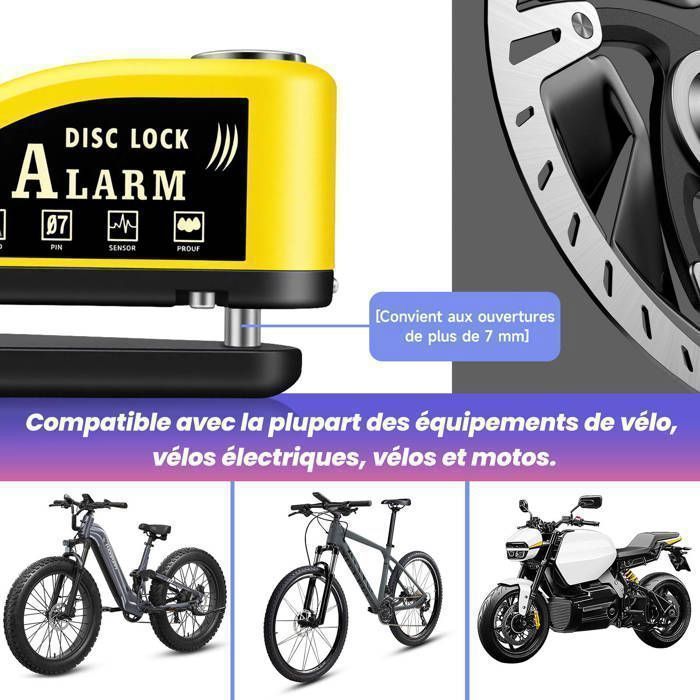 Motorcycle Disc Lock with 110dB Alarm, Reinforced, Waterproof, 1.2m Reminder Cable, 2 Security Keys, 7mm Universal for Motorcycles, Scooters, and Bicycles