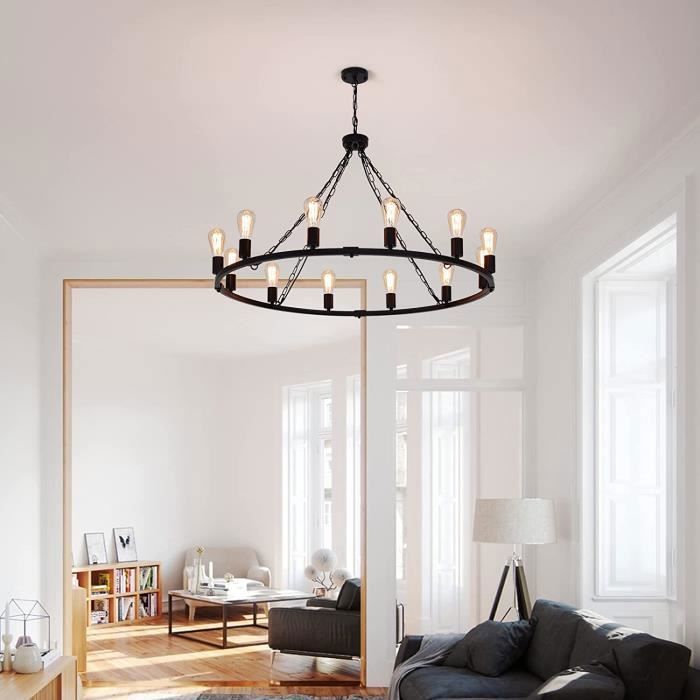 Lampadario - GANEED - Vintage - 12 luci - Metallo nero - Betulla bianca - E27
