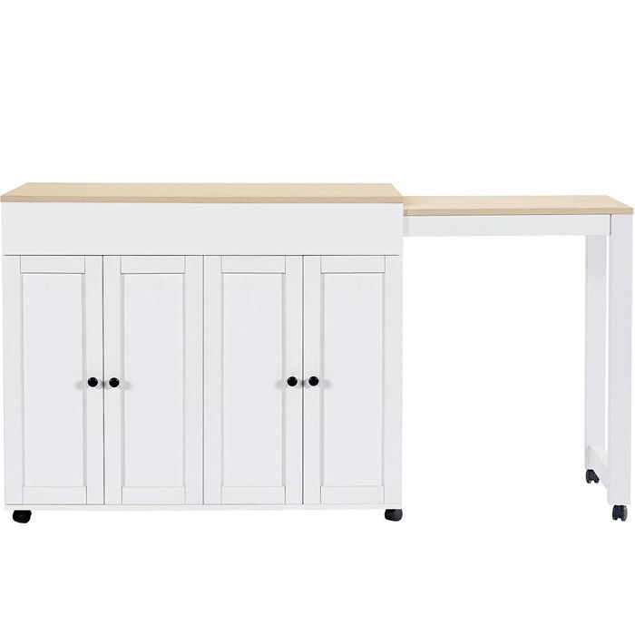 Isla de cocina moderna, carrito de cocina, mesa de bar extensible con 6 superficies de almacenamiento, blanca (118-180×50×94cm)