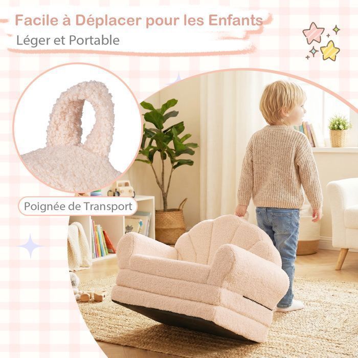 Canapé pour Enfants Pliable COSTWAY  Convertible 2-en-1 avec Motifs de Coquillages, Poignée Légère, Base Anti-Dérapante, Beige