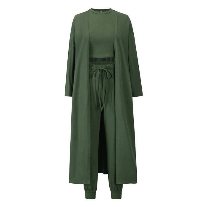 Conjunto de punto de 3 piezas para mujer: cárdigan, camiseta sin mangas y pantalón con cintura elástica, color liso, otoño/invierno - Verde