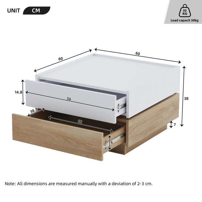 Square Coffee Table with 2 Drawers and 360° Swivel Top, Modern Design Side Table 60x60x38cm Walnut