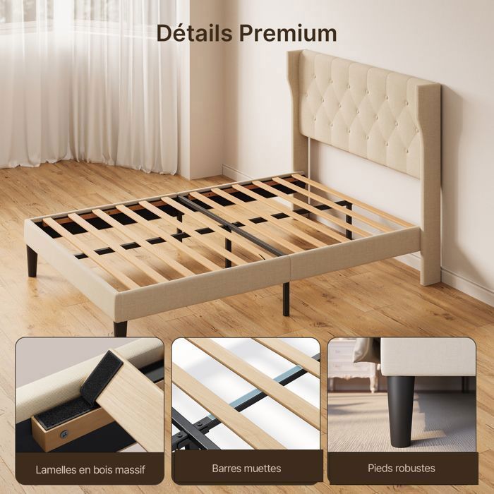 Struttura letto Bealife - 140 x 200 cm - Letto imbottito - Doghe in legno a fuso - Letto singolo - Vano contenitore da 20 cm - Beige