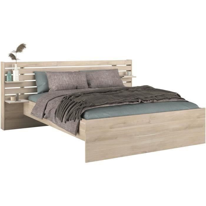 Cama adulta ESCALE 160x200 cm - Acabado en roble japonés - 2 cajones + cabecero - Ancho 222,8 x Alto 98,2 x Profundidad 216,8 cm - Fabricada en Francia