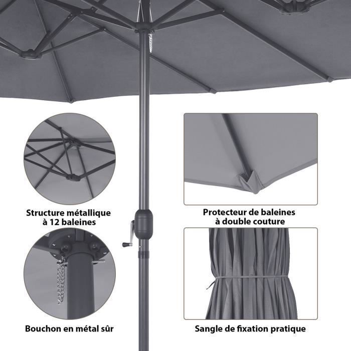 Ombrellone da giardino doppio XXL COSTWAY - 470x280x245 cm, con 12 stecche, sistema a manovella, struttura in metallo, telo in poliestere, grigio