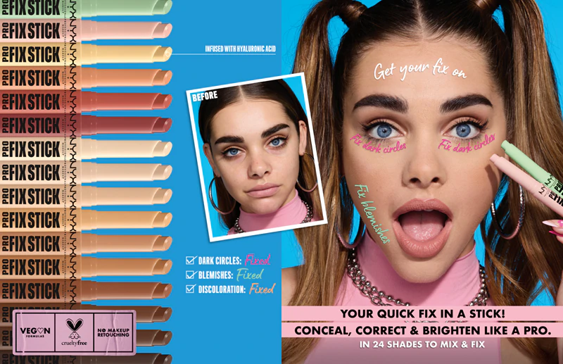 Corretivo em bastão Pro Fix da NYX Professional Makeup que uniformiza o tom da pele.