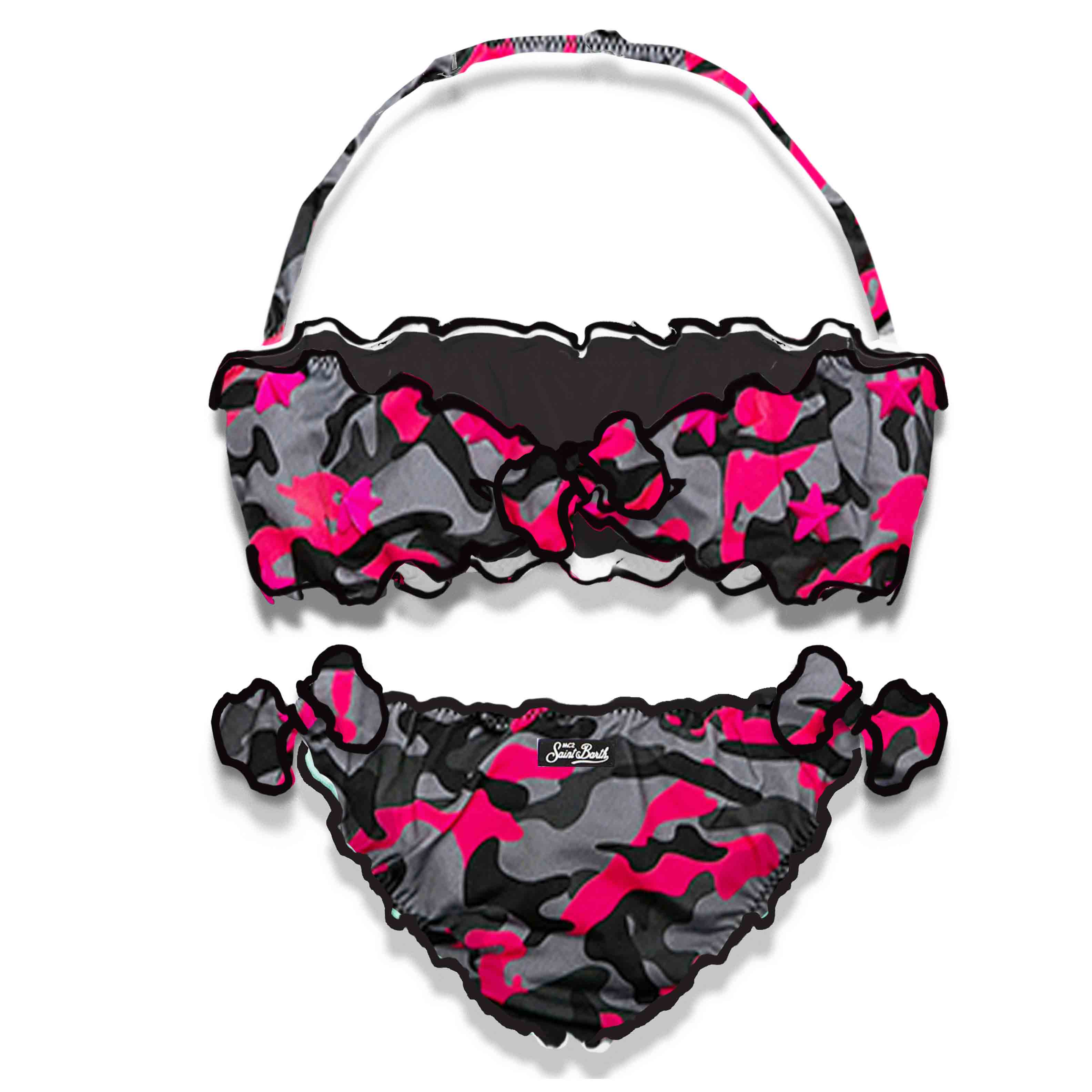Bandeau-Bikini für Mädchen mit fuchsiafarbenem Camouflage-Muster