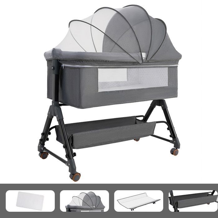Lit Bébé Berceau Cododo pour Bébé 0-36 Mois, Hauteur Réglable Lit Cododo avec Matelas, Panier de Rangement, Table à Langer - Gris
