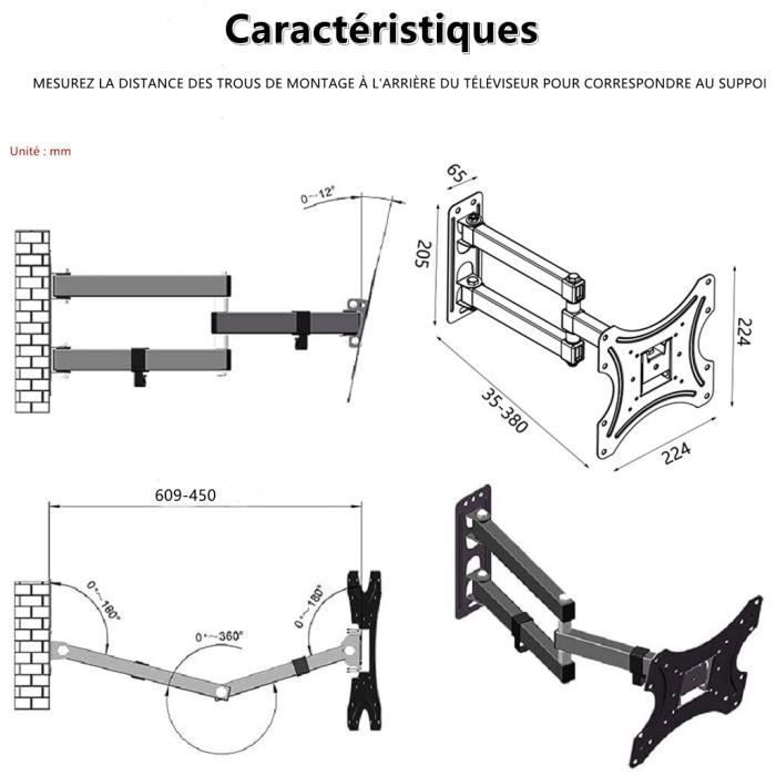 Supporto TV a parete con regolazione dell'inclinazione e della rotazione (180°) per schermi da 26 a 50 pollici, VESA 200 x 200 - Nero