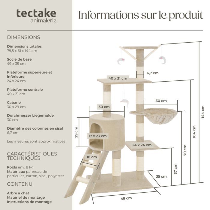 Arbre à chat - TECTAKE - Mobilier pour chat DOMINIQUE 142 cm de hauteur avec griffoir, hamac et jouets - Beige