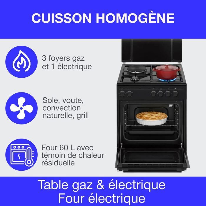 Cucina mista CONTINENTAL EDISON CECM60FCB - 3 bruciatori a gas + 1 bruciatore elettrico - L59,8 x P61 x H83 cm - Nera