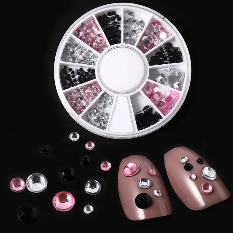 Décorations classiques pour ongles 3D à trois couleurs, strass ronds et plats en forme de roue, pour accessoires de manucure DIY