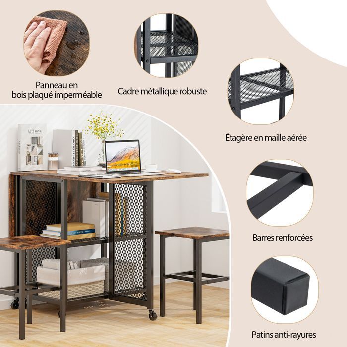 GIANTEX 3-Piece Dining Set - Rolling Table with Folding Top and 2 Stools - 2 Shelves - Kitchen, Living Room
