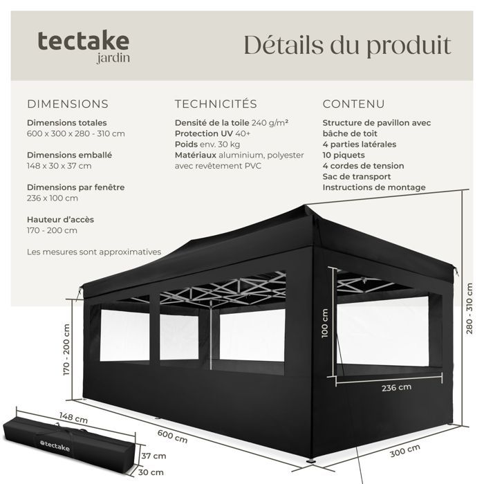 Pavillon de jardin - TECTAKE - Tonnelle VIOLA en aluminium pliante et réglable 6 x 3 m avec 4 protections latérales - Noir