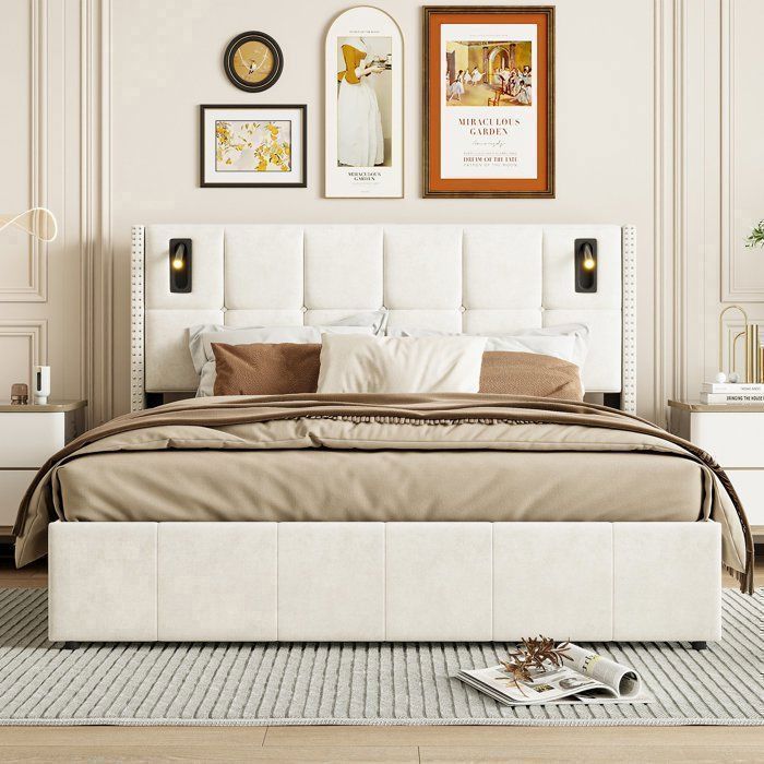 140x190 cm bed, velvet storage bed with headboard and slatted base, adult bed for 2 people, reading lamps, beige