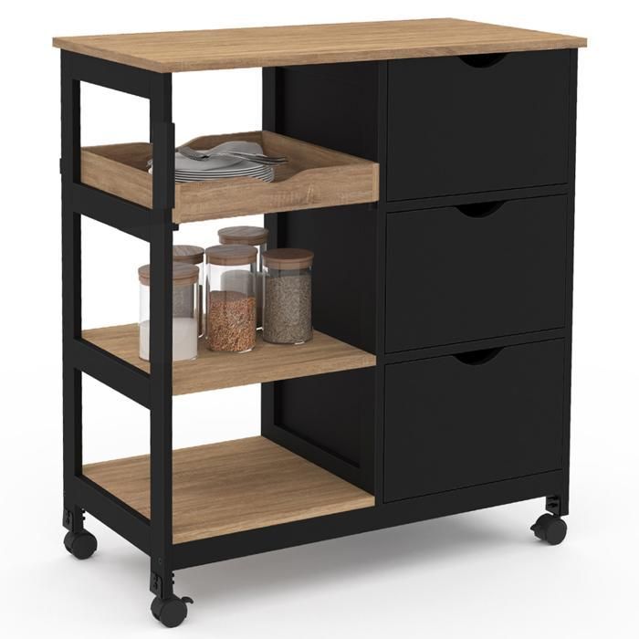 IDMARKET Desserte de cuisine MUNA 3 paniers + 1 plateau amovible noir et effet hêtre L.76 cm