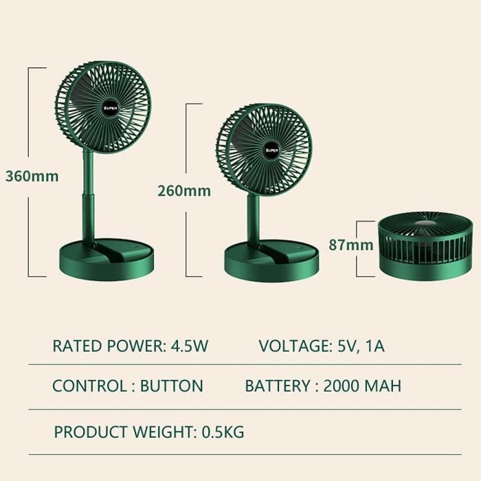 Ventilatore portatile pieghevole - 123 - Da tavolo - 3 velocità - 2000 mAh