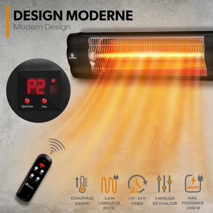 Calefactor infrarrojo exterior TRESKO de 2500 W | Calefactor radiante para patio | Montaje en pared | Control remoto | 3 niveles | Para interiores y exteriores
