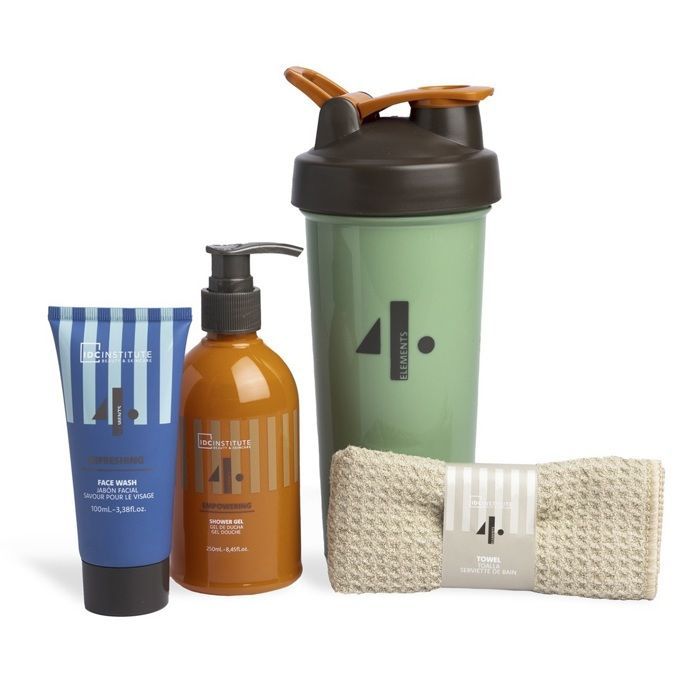 IDC Institute 4Elements Coffret Cadeau Homme - Gel Douche & Nettoyant Visage, Serviette, Bidon - Parfum Rafraîchissant