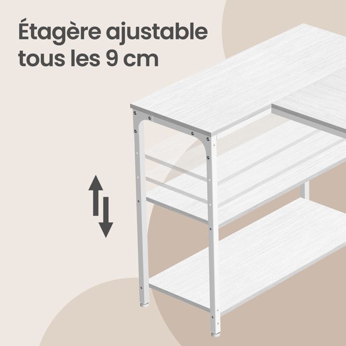 Bureau en L, Étagères Réglables avec Rangement, 110 x 80 cm, Blanc