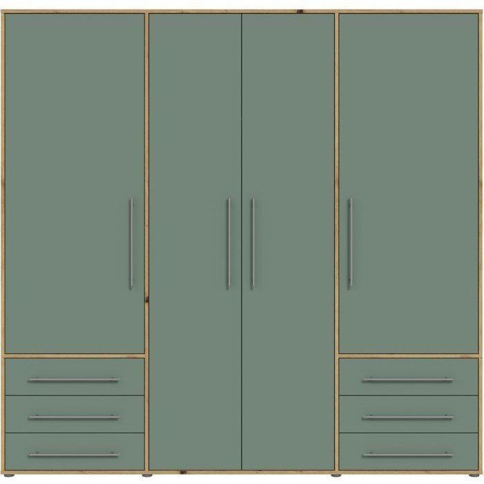 Armoire de chambre - MOKKARO - Décor Vert Sauge et chêne - 4 portes battantes - 6 tiroirs - L205,9 x P53 x H200 cm