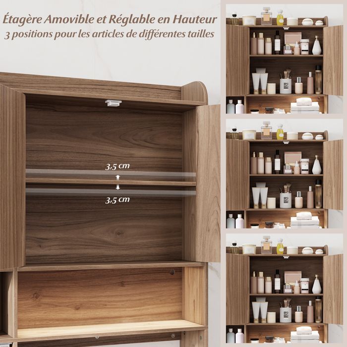 Mueble de baño sobre el inodoro COSTWAY con iluminación LED, 2 puertas y 6 compartimentos abiertos, portarrollos de papel higiénico, estante ajustable, blanco