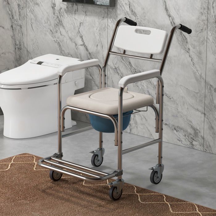 Silla de ruedas con inodoro HOMCOM - Silla de ruedas con ducha, cubo extraíble, reposabrazos y reposapiés - Acero y HDPE - Blanca