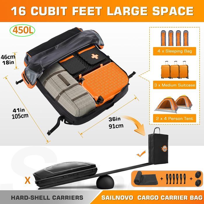 Sac De Toit Voiture -Sailnovo- 450L, Coffre Toit Voiture Pliable,Étanche Tissu d’Oxford et Zip,Convient avec/sans Barres de Toit
