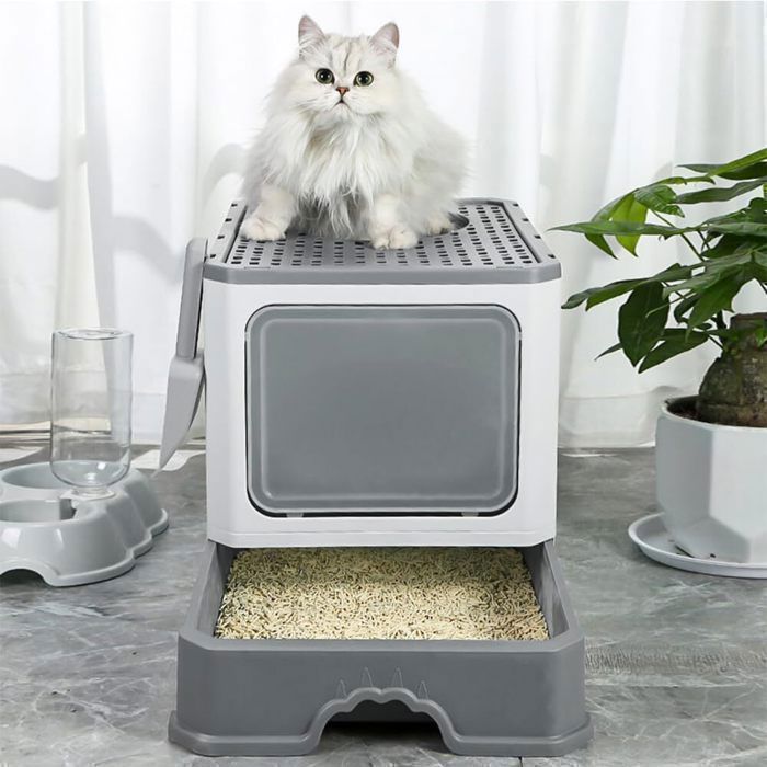 Gesloten kattenbak, kattentoilet, uitneembare lade, schepje, voor grote katten, draagvermogen 15 kg, anti-voetafdruk