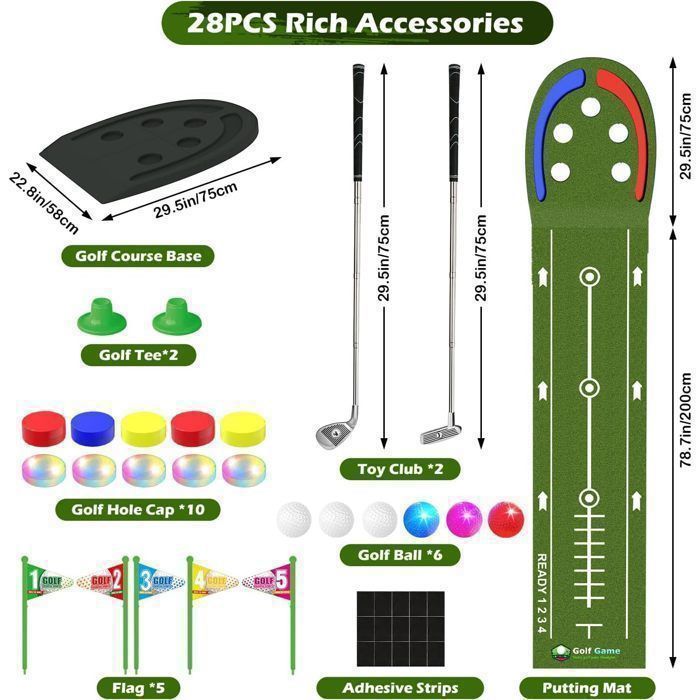 VATOS Golf Set for Children 6-14 Years Old – Putting Mat with LED Balls and Clubs, Portable Green for Parties, Home and Garden