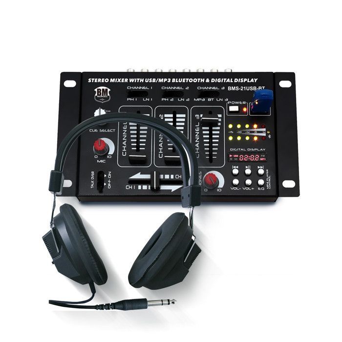 Mixer DJ BM SONIC BMS-21USB-BT a 4/7 canali, USB, Bluetooth, 1 ingresso Phono/Line, 1 ingresso Phono/USB, 1 ingresso CD, microfoni e cuffie.