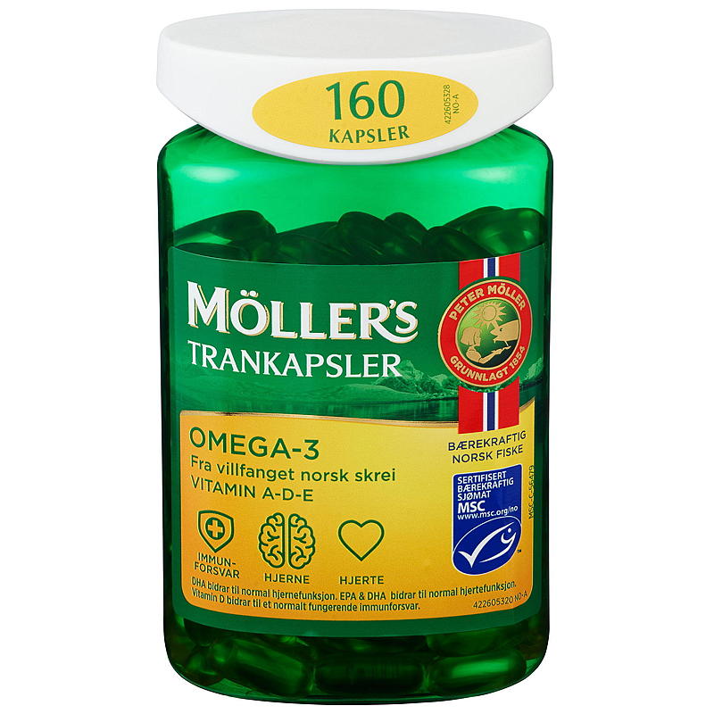 Cápsulas de aceite de hígado de bacalao Omega-3 de Möller's, 160 unidades.