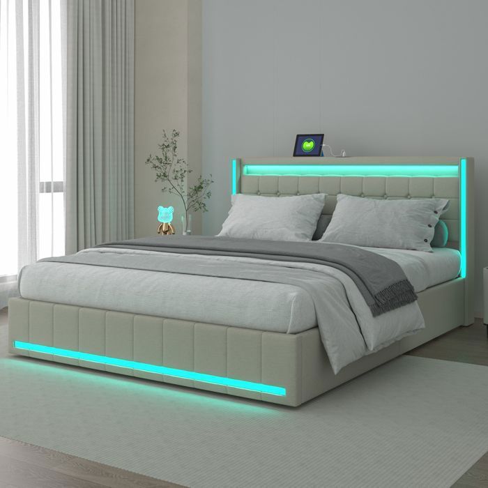 Double bed 160x200 cm with slatted base, headboard with LED and USB ports, 4 drawers, linen fabric, upholstered double bed, beige