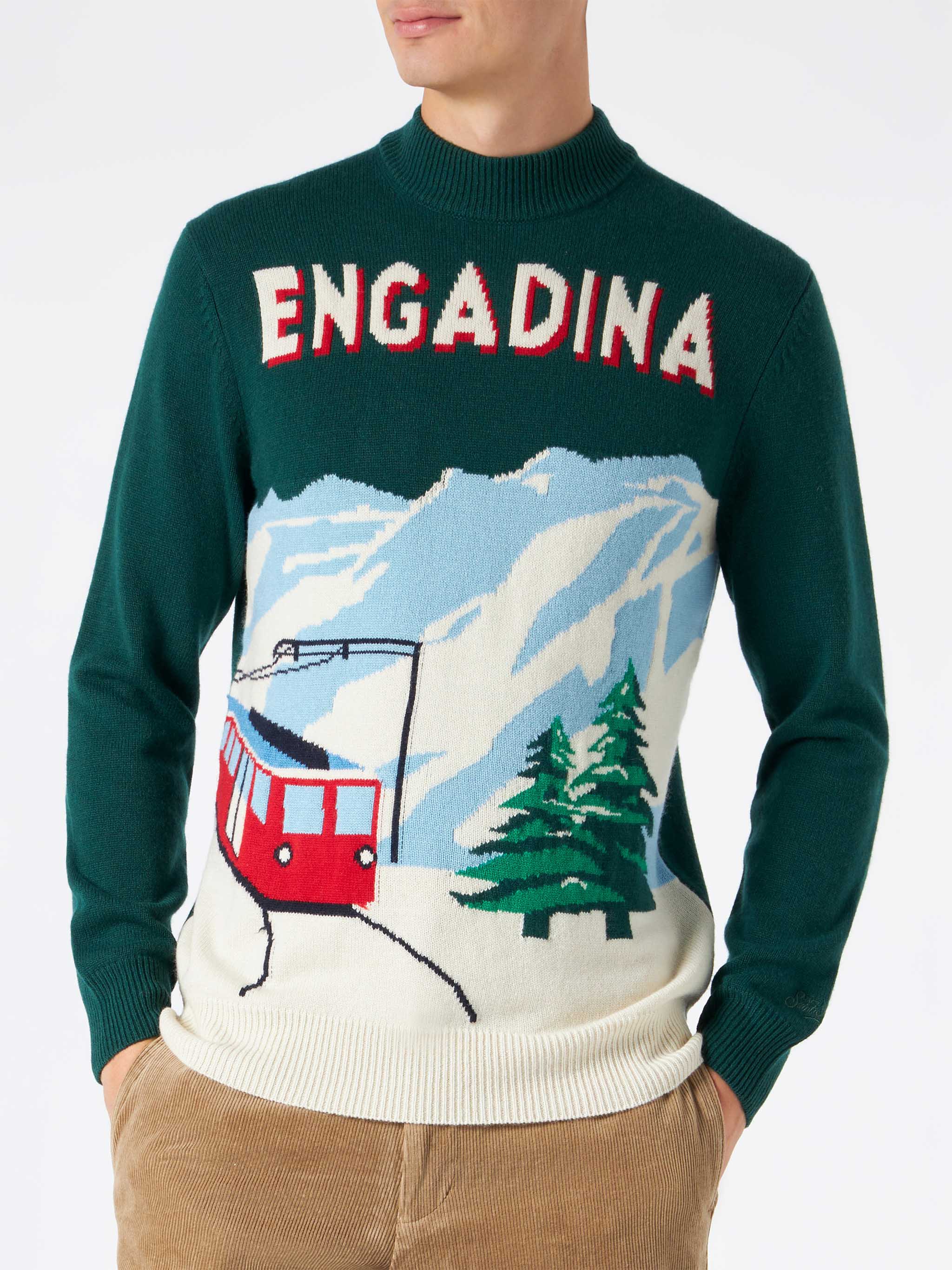 Maglione da uomo verde con cartolina lavorata a maglia