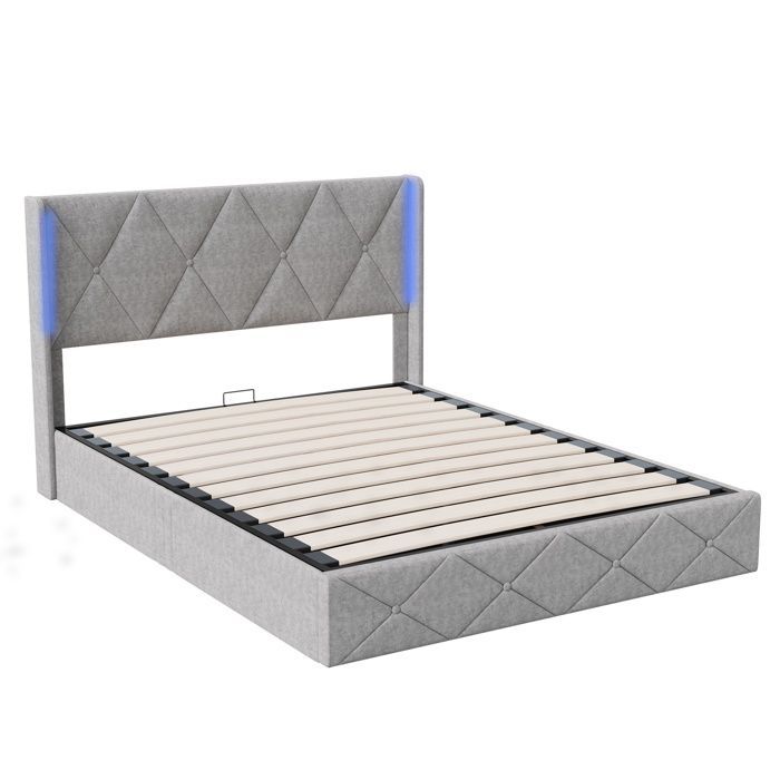 Letto 160x200 cm - Letto contenitore da 160 cm con rete a doghe inclusa - Letto matrimoniale imbottito con illuminazione a LED - in velluto grigio ghiaccio