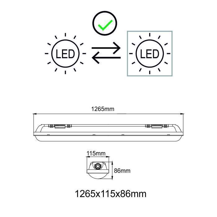 Carcasa para tubo LED de 120 cm con orificio pasante, protección IP65 + 2 tubos LED de 18 W, 37800 lm, 6500 K - 2 años de garantía