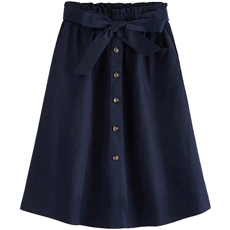 Gonna midi casual da donna a vita alta, plissettata, a trapezio, con tasca