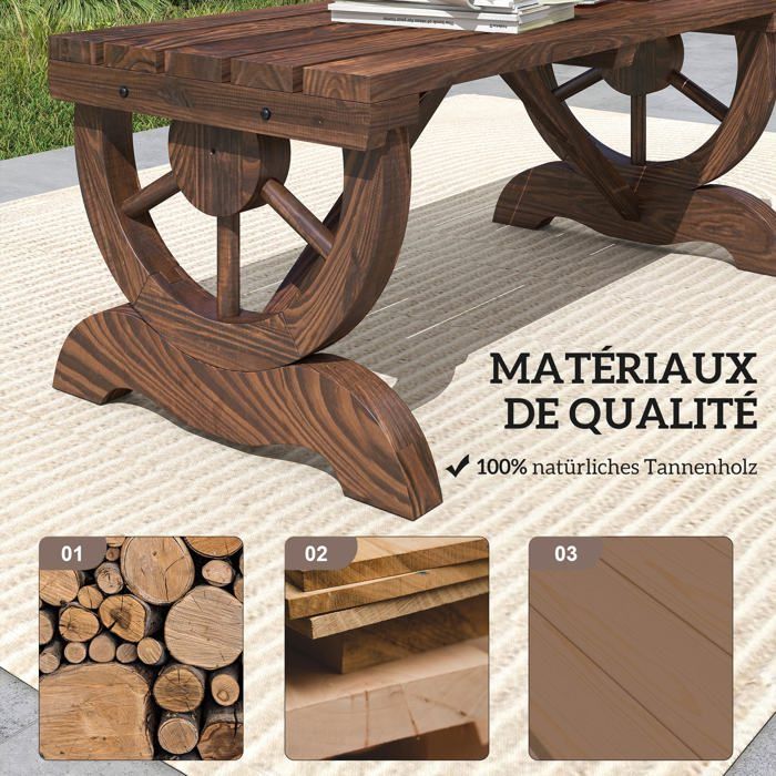 Wooden garden bench - Outsunny - slatted seat, decorative wheel - for patio, terrace, balcony, backyard - brown