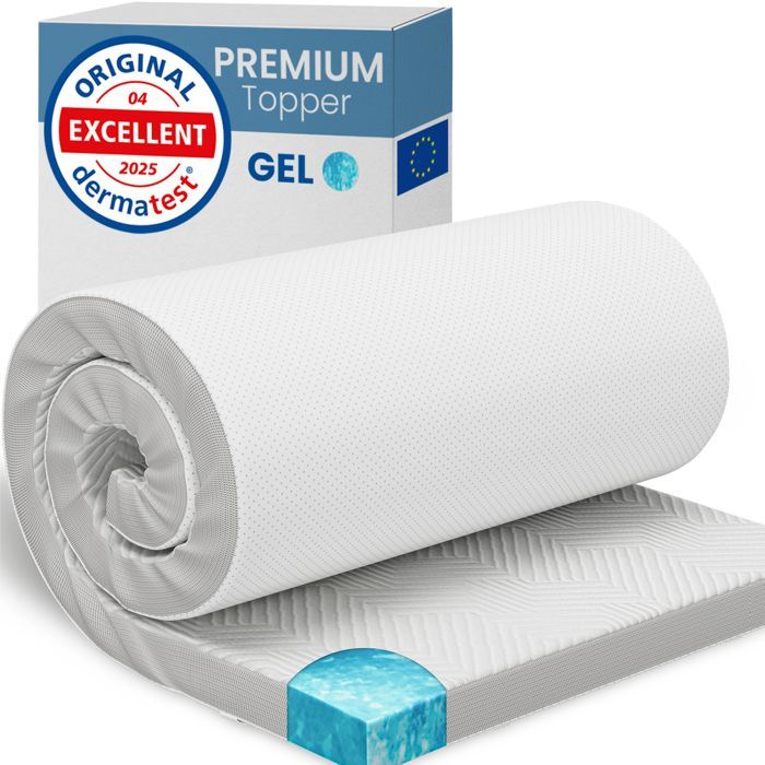Cubrecolchón ELONEO Gel de 100x190x5 cm, 5 cm de espuma viscoelástica con gel, funda de malla 3D transpirable con esquinas elásticas.